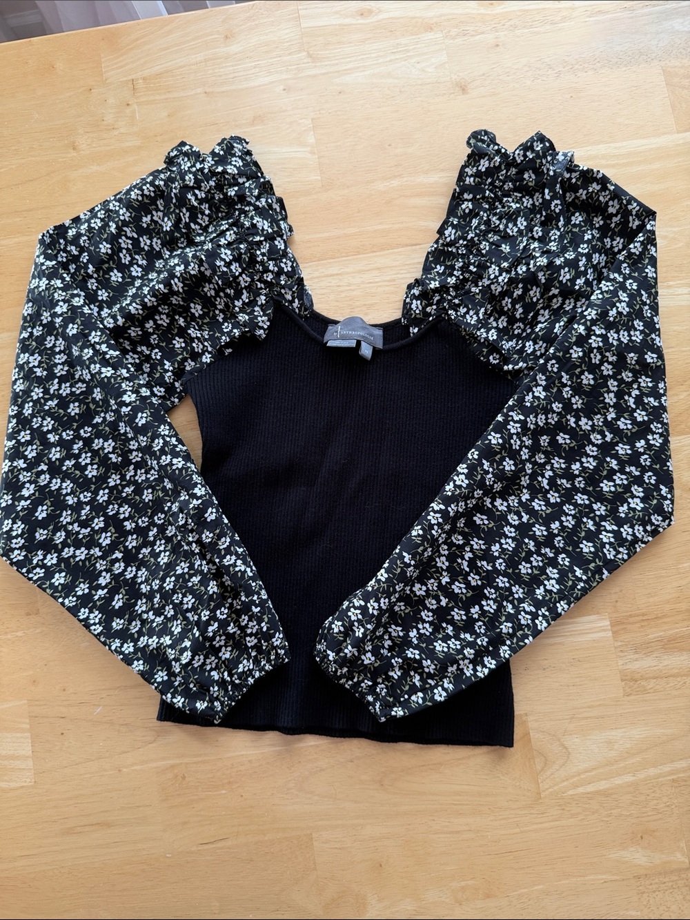 Anthropologie Black Knit Sweater with Black Floral Puff Sleeves